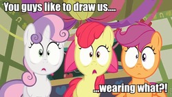 Size: 960x541 | Tagged: safe, edit, edited screencap, screencap, apple bloom, scootaloo, sweetie belle, g4, hearts and hooves day (episode), cutie mark crusaders, hearts and hooves day, image macro, roflbot, shocked, we don't normally wear clothes