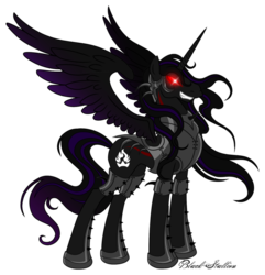 Size: 900x932 | Tagged: safe, artist:ex626akakeon, artist:sculpting-with-acid, oc, oc only, oc:black stallion, alicorn, pony, alicorn oc, armor, artifact, glowing eyes, male, simple background, solo, spiked armor, spread wings, stallion, transparent background, wings