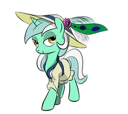 Size: 1051x932 | Tagged: safe, artist:plasters-ponies, artist:rubrony, lyra heartstrings, pony, unicorn, g4, clothes, colored, dress, elegant, feather, female, flower, hat, solo