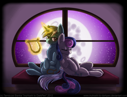 Size: 1688x1296 | Tagged: safe, artist:inuhoshi-to-darkpen, bon bon, lyra heartstrings, sweetie drops, earth pony, pony, unicorn, g4, female, fluffy, lesbian, mare in the moon, moon, night, ship:lyrabon, shipping, window