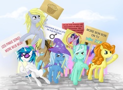 Size: 1166x860 | Tagged: safe, artist:v-invidia, carrot top, derpy hooves, dj pon-3, doctor whooves, golden harvest, lyra heartstrings, time turner, trixie, vinyl scratch, earth pony, pegasus, pony, unicorn, g4, activist, female, feminism, feminism is magic, feminist ponies, gender equality, irony, male, mare, masculism, protest, reversed gender roles equestria, sign, stallion, stallionism