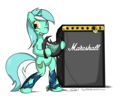 Size: 1383x1133 | Tagged: safe, artist:kiyoshiii, lyra heartstrings, pony, unicorn, g4, amplifier, bipedal, electric lyre, lyre, one eye closed, simple background, solo, transparent background