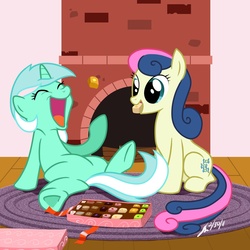 Size: 1330x1330 | Tagged: safe, artist:scruffytoto, bon bon, lyra heartstrings, sweetie drops, pony, g4, adorabon, amused, bon bon is amused, candy, chocolate, cute, duo, eating, eyes closed, lyra is amused