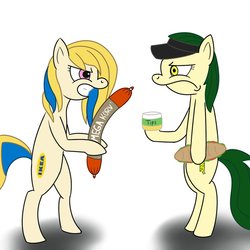 Size: 894x894 | Tagged: safe, artist:kingcobra50, oc, oc only, oc:pia ikea, pony, bipedal, ikea, sandwich, sausage, subway (restaurant)