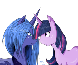 Size: 1000x837 | Tagged: safe, artist:skyeypony, princess luna, twilight sparkle, pony, unicorn, g4, duo, duo female, female, lesbian, looking at each other, looking at someone, s1 luna, ship:twiluna, shipping, simple background, transparent background, unicorn twilight