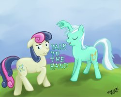 Size: 2000x1591 | Tagged: safe, artist:hereticalrants, bon bon, lyra heartstrings, sweetie drops, earth pony, pony, unicorn, g4, dialogue, duo, eyes closed, female, hand, humie, mare, wat