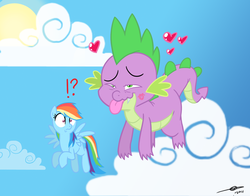 Size: 1280x1003 | Tagged: safe, artist:thex-plotion, rainbow dash, rarity, spike, g4, female, flying, heart, kiss mark, kissing, male, ship:sparity, shipping, straight