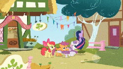 Size: 640x360 | Tagged: safe, screencap, apple bloom, scootaloo, sweetie belle, twilight sparkle, earth pony, pegasus, pony, unicorn, g4, season 1, the cutie mark chronicles, animated, cutie mark crusaders, ei, extreme speed animation, female, filly, happy, hopping, hub logo, loop, mare, pronking, yes, yes yes yes