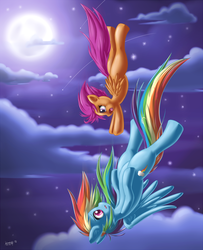 Size: 1297x1600 | Tagged: safe, artist:knifeh, rainbow dash, scootaloo, g4, crying, dream, falling, scootalove