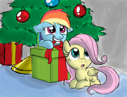 Size: 1022x778 | Tagged: safe, artist:thex-plotion, fluttershy, rainbow dash, g4, beautiful, christmas, christmas tree, cute, dashabetes, duo, filly, filly fluttershy, filly rainbow dash, mouth hold, present, shyabetes, tree, younger