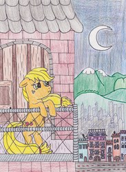 Size: 2324x3183 | Tagged: safe, artist:darkknighthoof, applejack, earth pony, pony, g4, balcony, crescent moon, female, high res, manehattan, moon, night, sad, solo, traditional art