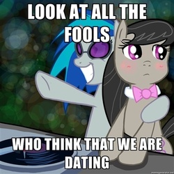 Size: 400x400 | Tagged: safe, dj pon-3, octavia melody, vinyl scratch, g4, blushing, image macro, meme, text, trollbait