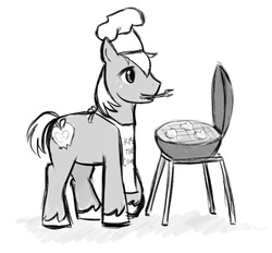 Size: 700x650 | Tagged: safe, artist:angeban, big macintosh, earth pony, pony, g4, apple, apron, barbeque, clothes, grayscale, male, monochrome, solo, stallion