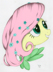 Size: 1280x1731 | Tagged: safe, artist:ayzuki, artist:codaulux, fluttershy, pony, g4, bust, clothes, colored, dress, female, gala dress, portrait, profile, solo, traditional art