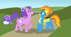 Size: 600x313 | Tagged: safe, artist:rhythmgeneration, screwball, spitfire, g4, hat, propeller hat, raspberry, swirly eyes, wonderbolts