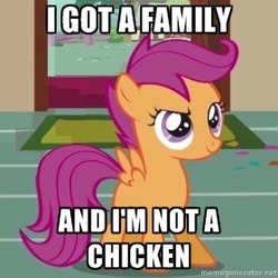 Size: 280x280 | Tagged: safe, edit, edited screencap, screencap, scootaloo, pony, g4, the cutie mark chronicles, female, image macro, meme, solo, text