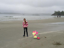 Size: 600x450 | Tagged: safe, apple bloom, earth pony, human, pony, g4, beach, irl, irl human, michelle creber, photo, ponies in real life, vector, voice actor joke