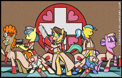 Size: 3500x2254 | Tagged: dead source, safe, artist:cordaxir, doctor fauna, doctor horse, doctor muffin top, doctor stable, hippocrates, horse md, nurse coldheart, nurse redheart, nurse snowheart, nurse sweetheart, nurse tenderheart, earth pony, pony, unicorn, g4, bipedal, clothes, crossover, doctor, eyes closed, gun, high res, male, medic, medic (tf2), mouth hold, nurse, stallion, team fortress 2, vet, weapon