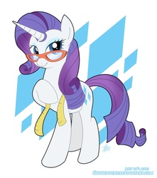 Size: 750x850 | Tagged: safe, artist:skyheavens, rarity, pony, unicorn, g4, female, glasses, hoof on chest, looking at you, mare, measuring tape, raised hoof, smiling, smiling at you, solo, standing, three quarter view