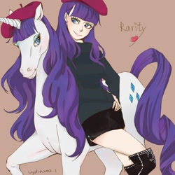 Size: 1000x1000 | Tagged: safe, artist:mamo, artist:まも, rarity, horse, human, unicorn, g4, beatnik rarity, bedroom eyes, beret, boots, clothes, earring, female, hat, heart, human ponidox, humanized, leaning, pixiv, pony sized pony, realistic, smiling, solo, sweater, turtleneck