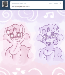 Size: 664x765 | Tagged: safe, artist:askrubypinch, artist:haute-claire, ruby pinch, sweetie belle, pony, unicorn, ask ruby pinch, g4, ask, bipedal, caramelldansen, cute, dancing, diasweetes, duo, female, filly, foal, meanie belle, pinchybetes