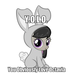 Size: 896x896 | Tagged: safe, octavia melody, earth pony, pony, g4, bunny costume, clothes, female, filly, image macro, impact font, simple background, solo, text, white background, yolo