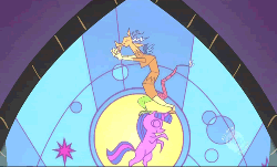 Size: 500x302 | Tagged: safe, screencap, discord, twilight sparkle, g4, season 2, the return of harmony, animated, dancing, discord dance, hub logo, hubble, loop, male, running man, shuffle, solo, stained glass
