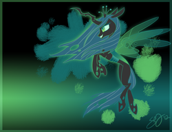 Size: 1300x1000 | Tagged: dead source, safe, artist:probablyfakeblonde, queen chrysalis, changeling, changeling queen, g4, crown, fangs, female, flowing mane, flying, frown, jewelry, regalia, signature, smiling, solo, transparent wings, wings