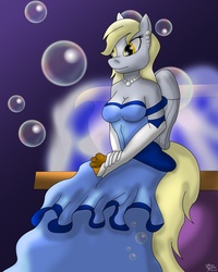 Size: 2541x3172 | Tagged: safe, artist:collinscorpio, derpy hooves, anthro, g4, breasts, bubble, busty derpy hooves, clothes, dress, earring, female, fountain, gloves, gown, high res, jewelry, muffin, necklace