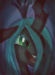 Size: 1408x1920 | Tagged: safe, artist:celysus, queen chrysalis, changeling, changeling queen, g4, bust, crown, fangs, female, frown, hair over one eye, jewelry, open mouth, regalia, smiling, solo