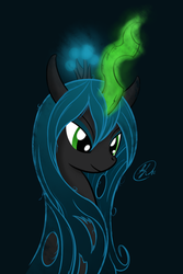 Size: 1000x1500 | Tagged: safe, artist:ppdraw, queen chrysalis, changeling, changeling queen, g4, crown, female, glowing, glowing horn, horn, jewelry, regalia