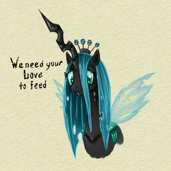 Size: 1024x1024 | Tagged: safe, artist:gela-g-i-s-gela, queen chrysalis, changeling, changeling queen, g4, bronybait, crown, dialogue, fangs, female, jewelry, offscreen character, open mouth, regalia, solo, standing, talking