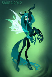 Size: 600x887 | Tagged: safe, artist:sambragg, queen chrysalis, changeling, changeling queen, g4, crown, fangs, female, jewelry, rearing, regalia, smiling, solo, standing