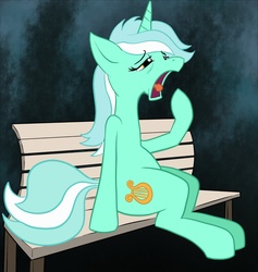 Size: 1000x1055 | Tagged: safe, artist:gsphere, lyra heartstrings, pony, g4, abstract background, bench, female, sitting, sleepy, solo, yawn