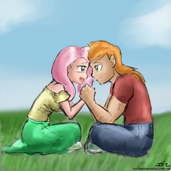 Size: 850x850 | Tagged: safe, artist:johnjoseco, artist:michos, big macintosh, fluttershy, human, g4, clothes, duo, female, holding hands, humanized, jeans, long skirt, looking at each other, male, pants, ship:fluttermac, shipping, shoes, skirt, straight