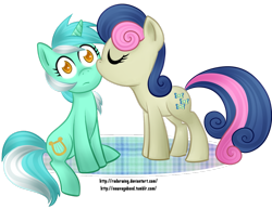 Size: 1024x791 | Tagged: safe, artist:newvagabond, bon bon, lyra heartstrings, sweetie drops, earth pony, pony, unicorn, g4, cheek kiss, duo, eyes closed, female, filly, kissing, lesbian, ship:lyrabon, shipping, simple background, surprise kiss, surprised, transparent background