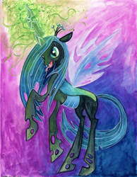 Size: 2117x2734 | Tagged: safe, artist:colourbee, queen chrysalis, changeling, changeling queen, g4, crown, female, frown, glowing horn, horn, jewelry, open mouth, rearing, regalia, smiling, solo, standing, tongue out