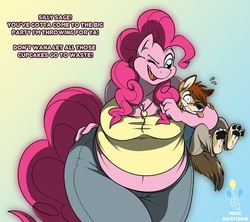 Size: 750x666 | Tagged: dead source, safe, artist:muzz, pinkie pie, oc, anthro, g4, bbw, belly button, breasts, cleavage, clothes, fat, female, furry, fursona, hug, midriff, muffin top, pudgy pie, size difference