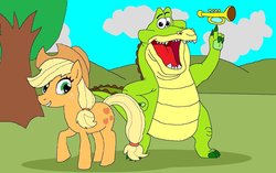 Size: 900x564 | Tagged: safe, artist:kylgrv, applejack, alligator, reptile, g4, crossover, disney, musical instrument, the princess and the frog, trumpet, wat