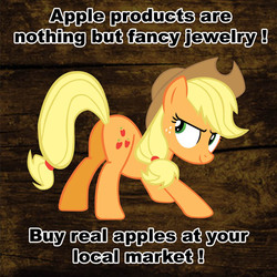 Size: 638x638 | Tagged: source needed, safe, applejack, earth pony, pony, g4, apple, applebutt, appleplot, butt, female, looking back, plot, presenting, presenting butt, solo, text