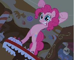 Size: 343x281 | Tagged: safe, screencap, pinkie pie, earth pony, pony, bridle gossip, g4, season 1, animated, bipedal, breathing, cropped, evil enchantress, female, hub logo, mare, solo, watch out