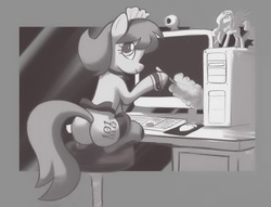 Size: 1000x762 | Tagged: safe, artist:mew, princess celestia, oc, oc:binary cloud, earth pony, pony, g4, bow, butt, choker, clothes, computer, duster, dusting, female, looking back, maid, mare, monochrome, plot, rule 63, sitting, smiling, solo, stockings, stool