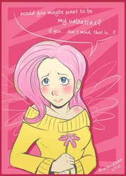 Size: 500x700 | Tagged: safe, artist:kiniki-chan, fluttershy, human, g4, clothes, flower, humanized, solo, sweater, sweatershy, valentine