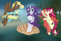 Size: 2250x1500 | Tagged: safe, artist:pumqin, compass star, rarity, roseluck, sassaflash, earth pony, pegasus, pony, unicorn, g4, bipedal, cappuccino, classic art, covering, female, fine art parody, male, mare, parody, sandro botticelli, stallion, the birth of venus