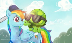 Size: 2000x1214 | Tagged: safe, artist:copygeijutsuka, rainbow dash, tank, g4, backwards ballcap, baseball cap, cap, hat, lens flare, sunglasses