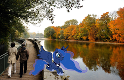 Size: 990x646 | Tagged: safe, artist:ilovehersheyssomuch, princess luna, alicorn, human, pony, g4, autumn, germany, irl, irl human, photo, ponies in real life, river, vector