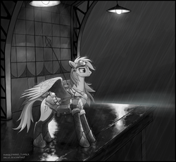 Size: 1018x941 | Tagged: safe, artist:marbleyarns, rainbow dash, pony, g4, female, goggles, grayscale, monochrome, rain, science fiction, solo