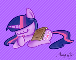 Size: 510x400 | Tagged: safe, artist:anggrc, twilight sparkle, pony, g4, book, eyes closed, female, open mouth, prone, sleeping, solo