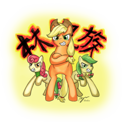 Size: 900x900 | Tagged: safe, artist:b0nbon, apple bumpkin, apple fritter, applejack, g4, apple family member, bow, female, grin, hair bow, mare, trio, trio female, twin bows