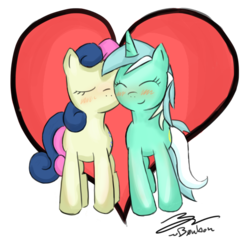 Size: 900x877 | Tagged: safe, artist:b0nbon, bon bon, lyra heartstrings, sweetie drops, earth pony, pony, unicorn, g4, blushing, female, heart, lesbian, mare, ship:lyrabon, shipping, simple background, transparent background